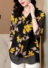 Load image into Gallery viewer, Elegant Black V Neck Bow Print layered Silk Shirt Half Sleeve