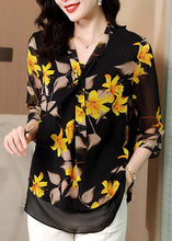 Load image into Gallery viewer, Elegant Black V Neck Bow Print layered Silk Shirt Half Sleeve