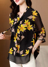 Load image into Gallery viewer, Elegant Black V Neck Bow Print layered Silk Shirt Half Sleeve