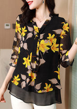 Load image into Gallery viewer, Elegant Black V Neck Bow Print layered Silk Shirt Half Sleeve
