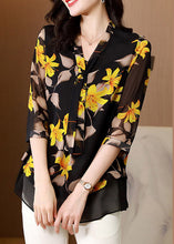 Load image into Gallery viewer, Elegant Black V Neck Bow Print layered Silk Shirt Half Sleeve