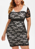 Elegant Black V Neck High Waist Lace Patchwork Mid Dress Short Sleeve