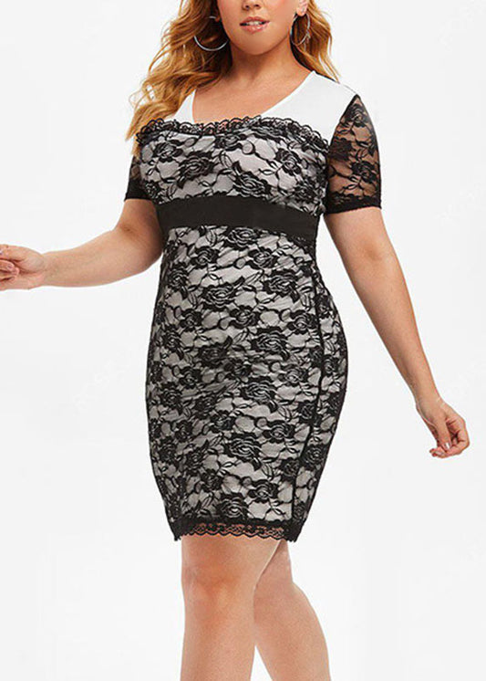 Elegant Black V Neck High Waist Lace Patchwork Mid Dress Short Sleeve