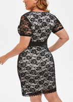 Elegant Black V Neck High Waist Lace Patchwork Mid Dress Short Sleeve