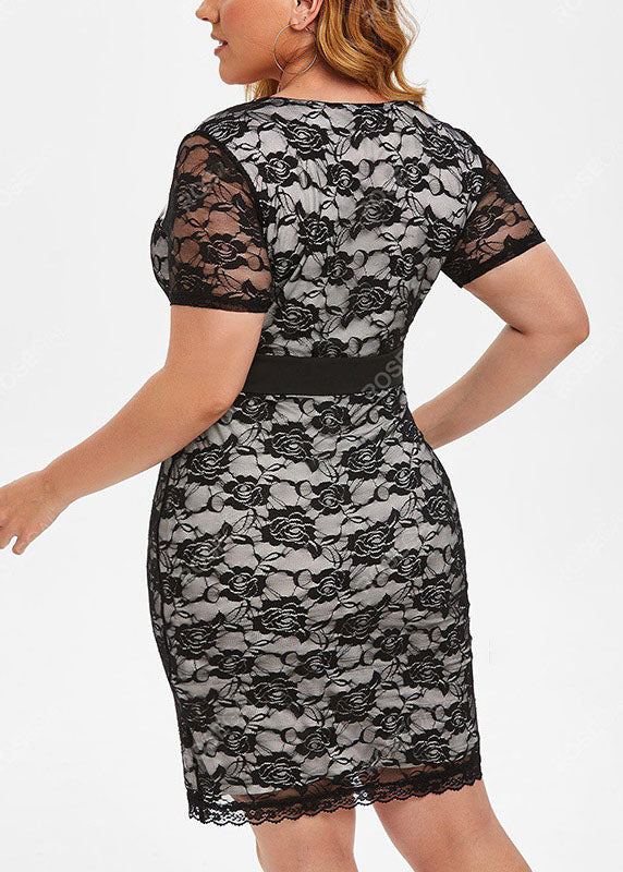 Elegant Black V Neck High Waist Lace Patchwork Mid Dress Short Sleeve
