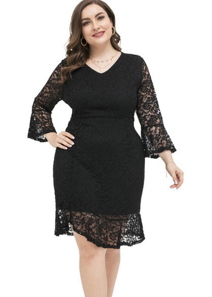 Elegant Black V Neck Lace Mid Dress Long Sleeve