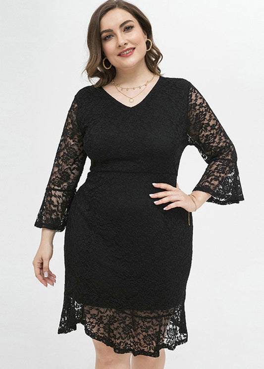 Elegant Black V Neck Lace Mid Dress Long Sleeve
