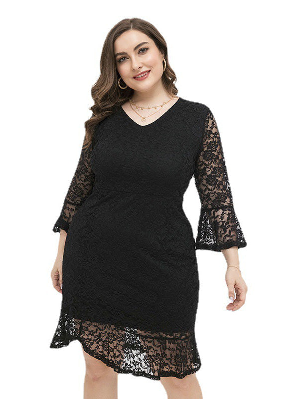 Elegant Black V Neck Lace Mid Dress Long Sleeve