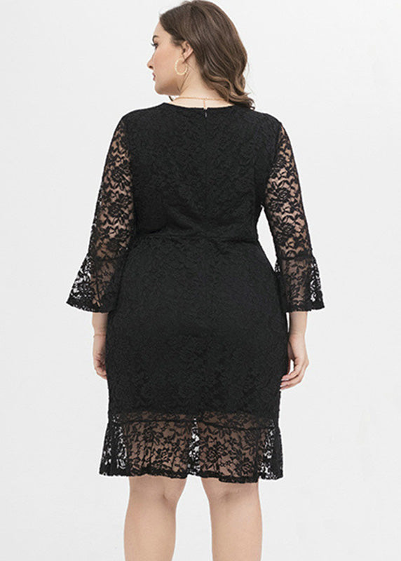 Elegant Black V Neck Lace Mid Dress Long Sleeve