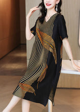 Load image into Gallery viewer, Elegant Black V Neck Leaf Print Side Open Silk Long Dress Summer