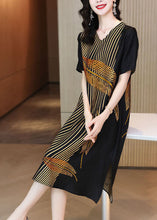 Load image into Gallery viewer, Elegant Black V Neck Leaf Print Side Open Silk Long Dress Summer