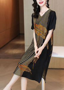 Elegant Black V Neck Leaf Print Side Open Silk Long Dress Summer
