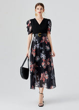 Load image into Gallery viewer, Elegant Black V Neck Print Sashes Patchwork Chiffon Long Dresses Puff Sleeve