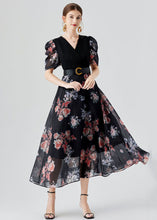 Load image into Gallery viewer, Elegant Black V Neck Print Sashes Patchwork Chiffon Long Dresses Puff Sleeve