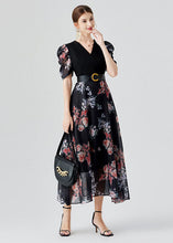 Load image into Gallery viewer, Elegant Black V Neck Print Sashes Patchwork Chiffon Long Dresses Puff Sleeve