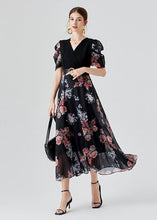 Load image into Gallery viewer, Elegant Black V Neck Print Sashes Patchwork Chiffon Long Dresses Puff Sleeve