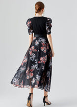 Load image into Gallery viewer, Elegant Black V Neck Print Sashes Patchwork Chiffon Long Dresses Puff Sleeve