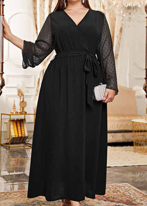 Elegant Black V Neck Tulle Patchwork Tie Waist Solid Chiffon Long Dress Long Sleeve