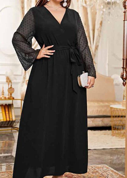 Elegant Black V Neck Tulle Patchwork Tie Waist Solid Chiffon Long Dress Long Sleeve