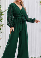 Elegant Blackish Green Bow Tie Waist Chiffon Jumpsuits Long Sleeve