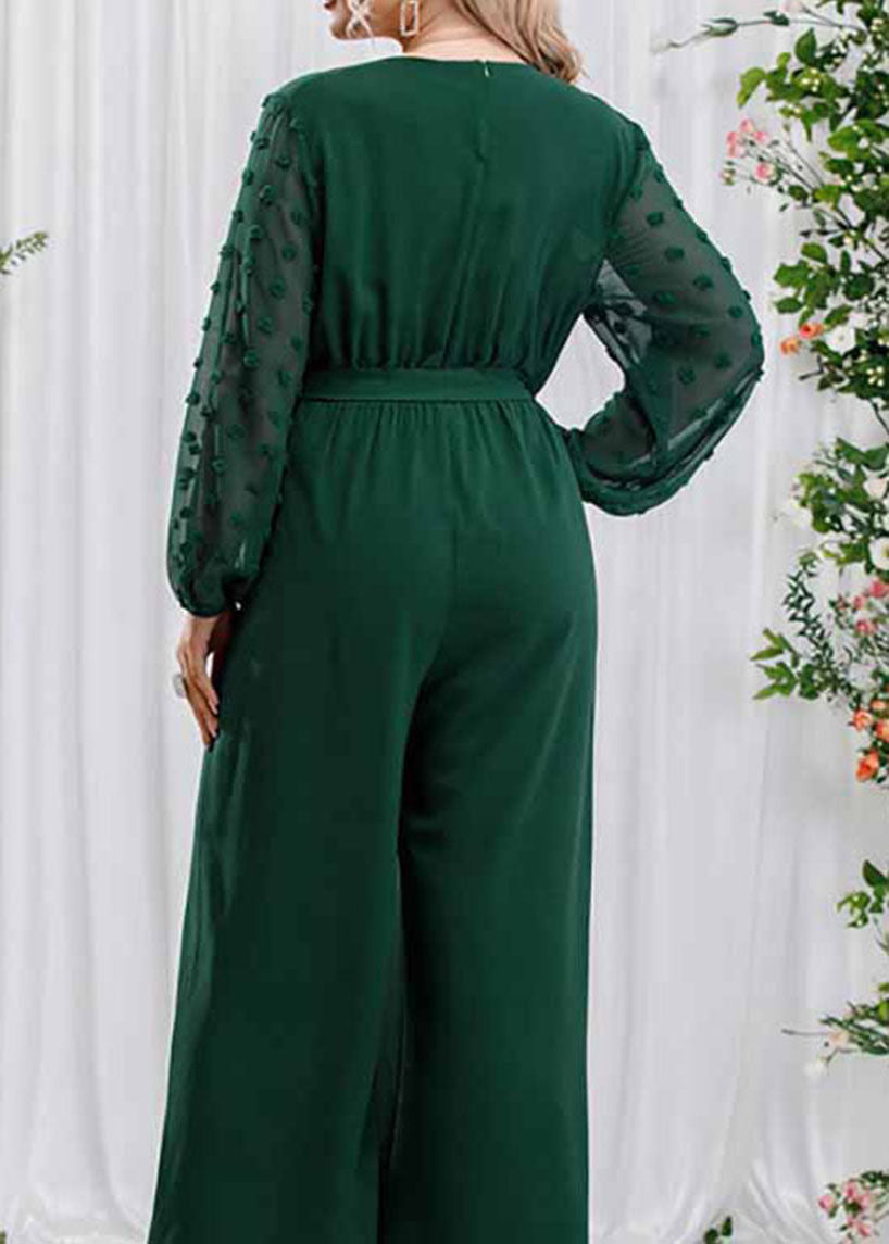Elegant Blackish Green Bow Tie Waist Chiffon Jumpsuits Long Sleeve