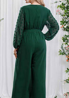 Elegant Blackish Green Bow Tie Waist Chiffon Jumpsuits Long Sleeve