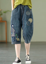 Load image into Gallery viewer, Elegant Blue Embroideried Print Elastic Waist Denim Crop Pants Summer