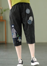 Load image into Gallery viewer, Elegant Blue Embroideried Print Elastic Waist Denim Crop Pants Summer