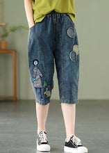 Load image into Gallery viewer, Elegant Blue Embroideried Print Elastic Waist Denim Crop Pants Summer