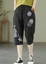 Load image into Gallery viewer, Elegant Blue Embroideried Print Elastic Waist Denim Crop Pants Summer