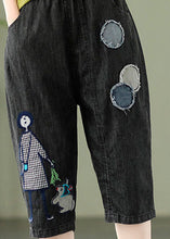 Load image into Gallery viewer, Elegant Blue Embroideried Print Elastic Waist Denim Crop Pants Summer