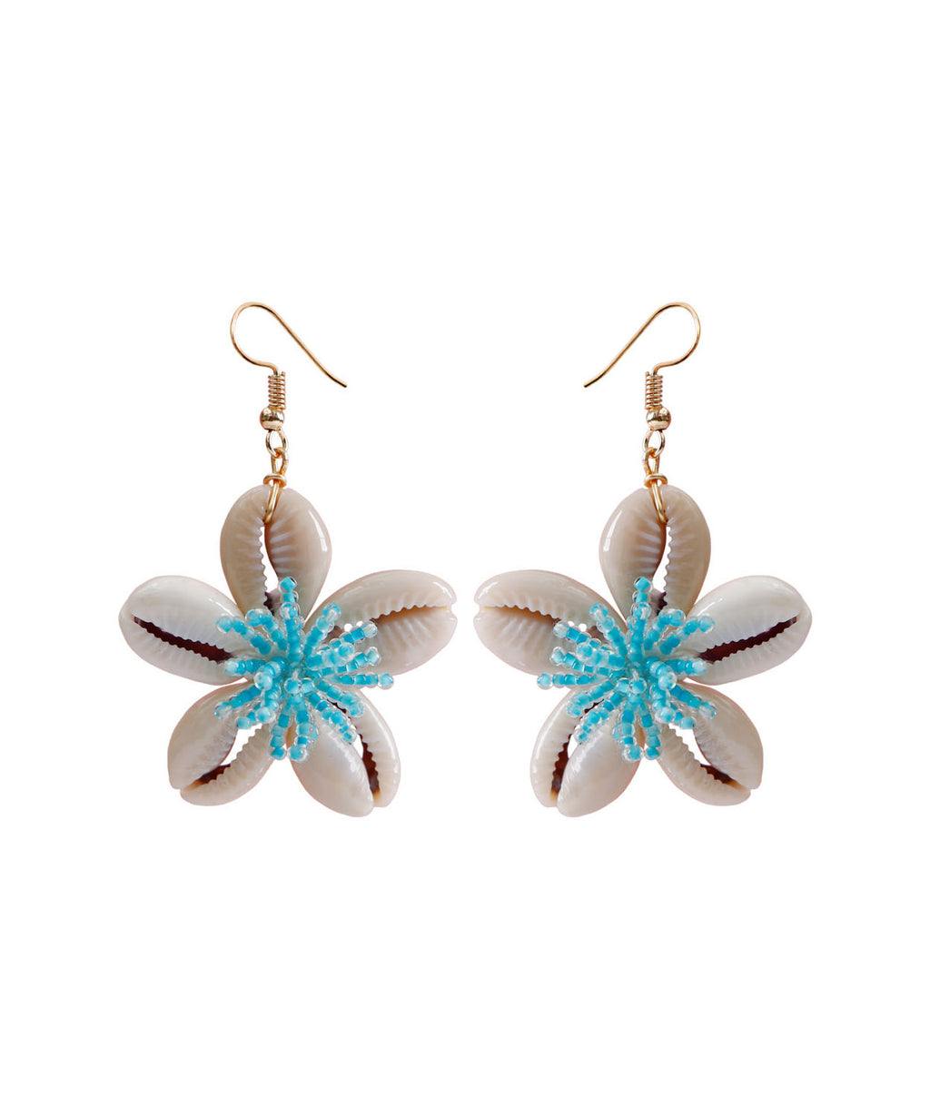 Elegant Blue Floral Knit Fabric Shell Drop Earrings