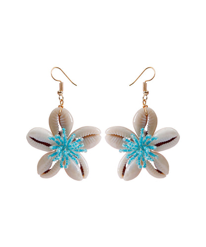 Elegant Blue Floral Knit Fabric Shell Drop Earrings