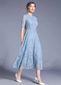 Elegant Blue Hollow Out Embroideried Patchwork Lace Long Dresses Summer