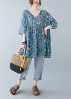 Elegant Blue Oversized Print Linen Mini Dresses Summer