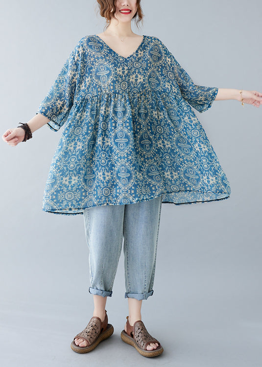 Elegant Blue Oversized Print Linen Mini Dresses Summer