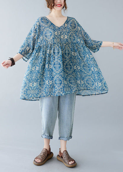 Elegant Blue Oversized Print Linen Mini Dresses Summer