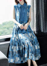 Load image into Gallery viewer, Elegant Blue Peter Pan Collar Plaid Wrinkled Maxi Dresses Summer