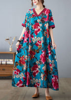 Elegant Blue V Neck Patchwork Print Cotton Dresses Short Sleeve