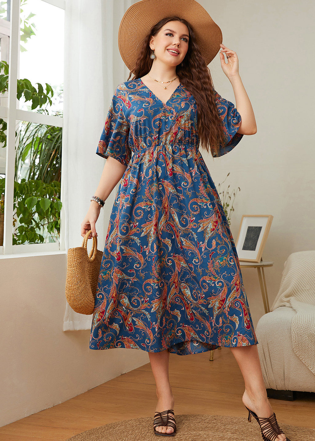 Elegant Blue V Neck Print Patchwork Chiffon Maxi Dress Summer