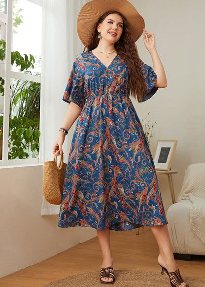 Elegant Blue V Neck Print Patchwork Chiffon Maxi Dress Summer