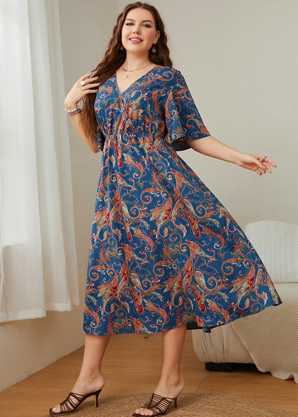 Elegant Blue V Neck Print Patchwork Chiffon Maxi Dress Summer