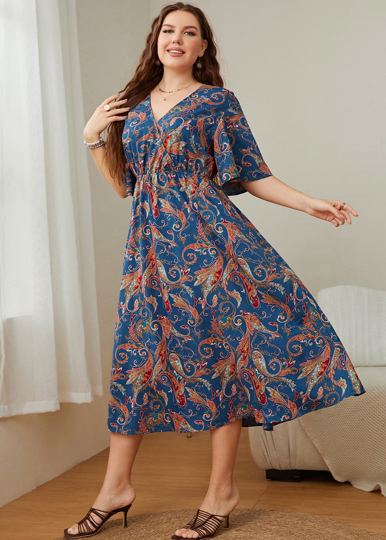 Elegant Blue V Neck Print Patchwork Chiffon Maxi Dress Summer