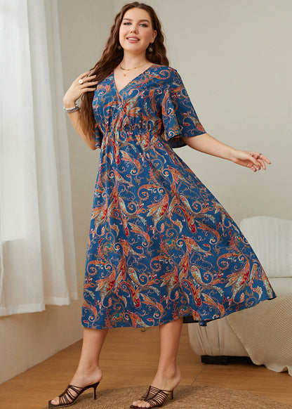 Elegant Blue V Neck Print Patchwork Chiffon Maxi Dress Summer