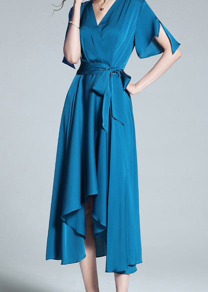 Elegant Blue V Neck Tie Waist Solid Silk Long Dresses Summer