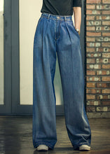 Load image into Gallery viewer, Elegant Denim Blue High Waist Pockets Button Cotton Loose Wide Leg Pants Spring