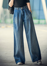 Load image into Gallery viewer, Elegant Denim Blue High Waist Pockets Button Cotton Loose Wide Leg Pants Spring