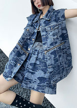 Load image into Gallery viewer, Elegant Denim Blue Loose Button zippered Print Fall Two Piece Set Women Clothing Sleeveless