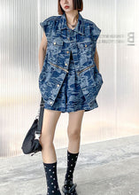 Load image into Gallery viewer, Elegant Denim Blue Loose Button zippered Print Fall Two Piece Set Women Clothing Sleeveless