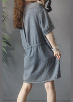 Elegant Denim tie waist Turn-down Collar Maxi Summer Cotton Dress